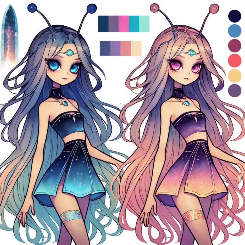 characterdesign, alien, blurb, characterconcept, characteroriginal, characterreference, charactersheet, cosmic, galaxy, human, hybrid, nova, ombre, originalcharacter, phenomenon, space, stella, twin, twins, generativeart, aiart, twinssisters, artificialintelligenceart