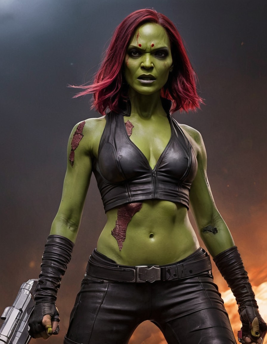 gamora, guardians of the galaxy, fierce, battle stance, torn clothes, scars, determination, superhero