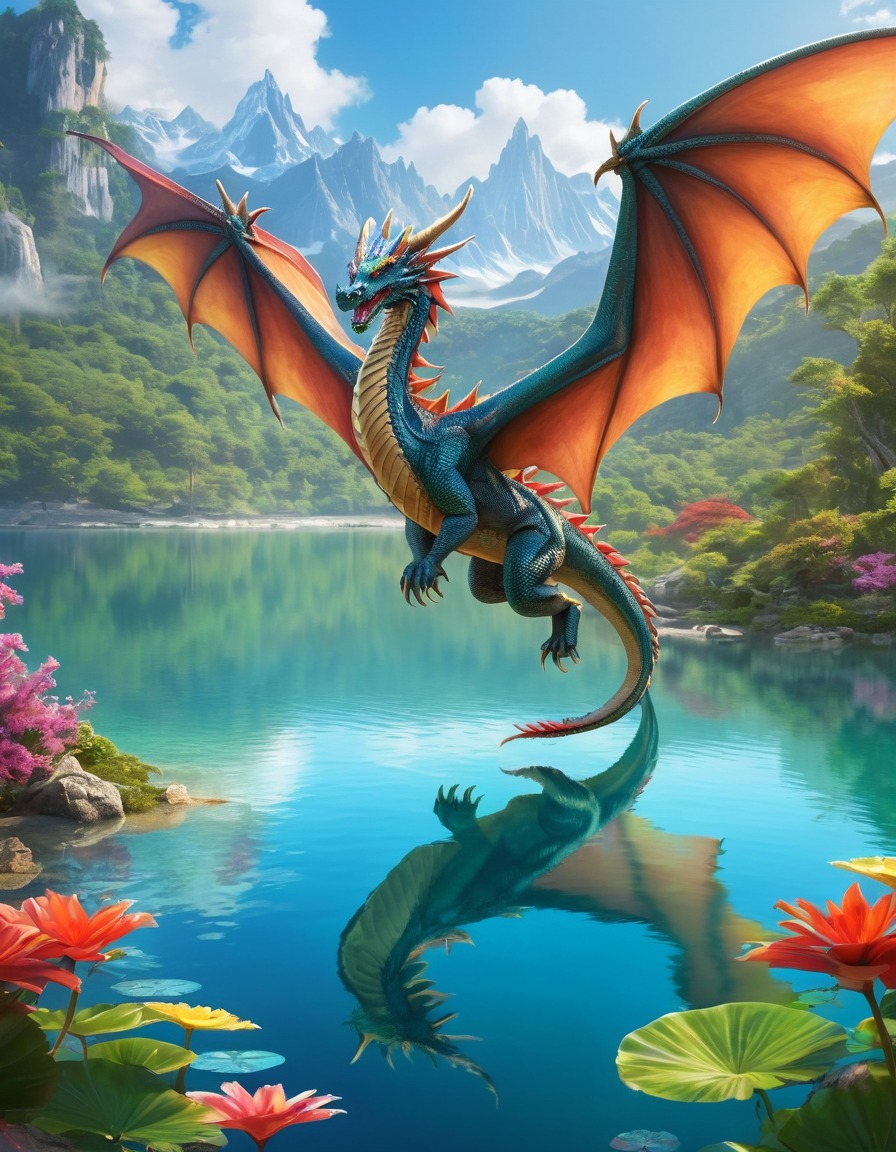 dragon, fantasy, lake, nature, mythology, majestic, fantastic