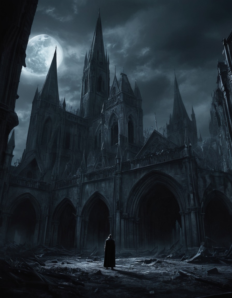 vampire, shadow, abandoned, cathedral, spires, gothic, underground, dark