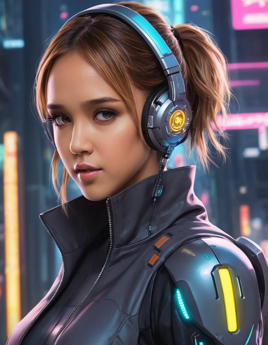 jessica alba, anime, cyberpunk, futuristic, fashion, robotics