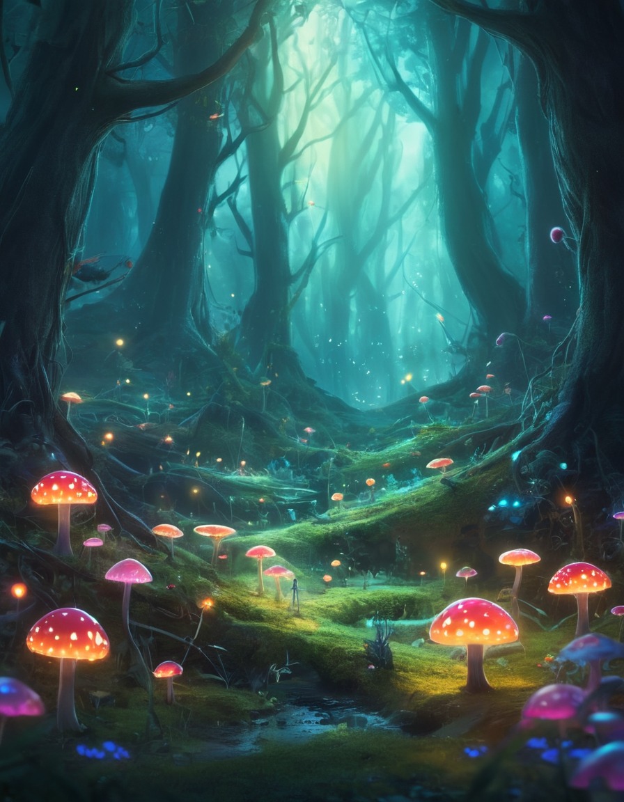 forest, glade, fairy, creatures, glowing