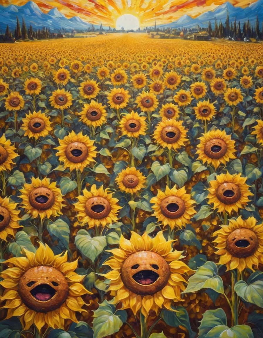 sunflowers, field, nature, optical illusion, surreal