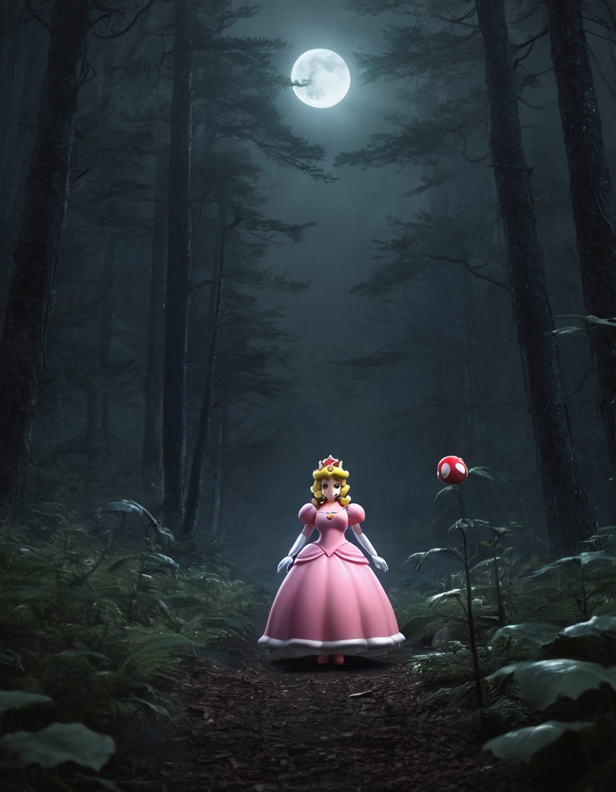 princess peach, super mario bros, video game character, fantasy, princess, mysterious forest, games, dark