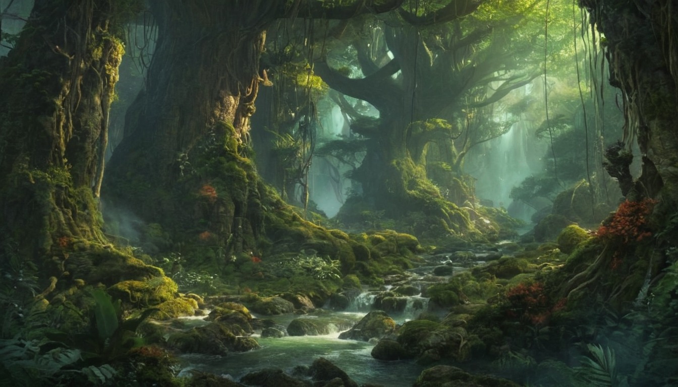 adventure, ancient, calm, fantasy, fiction, forest, green, rainforest, river, small, sobber, vines, wilds, aiart, dreamup