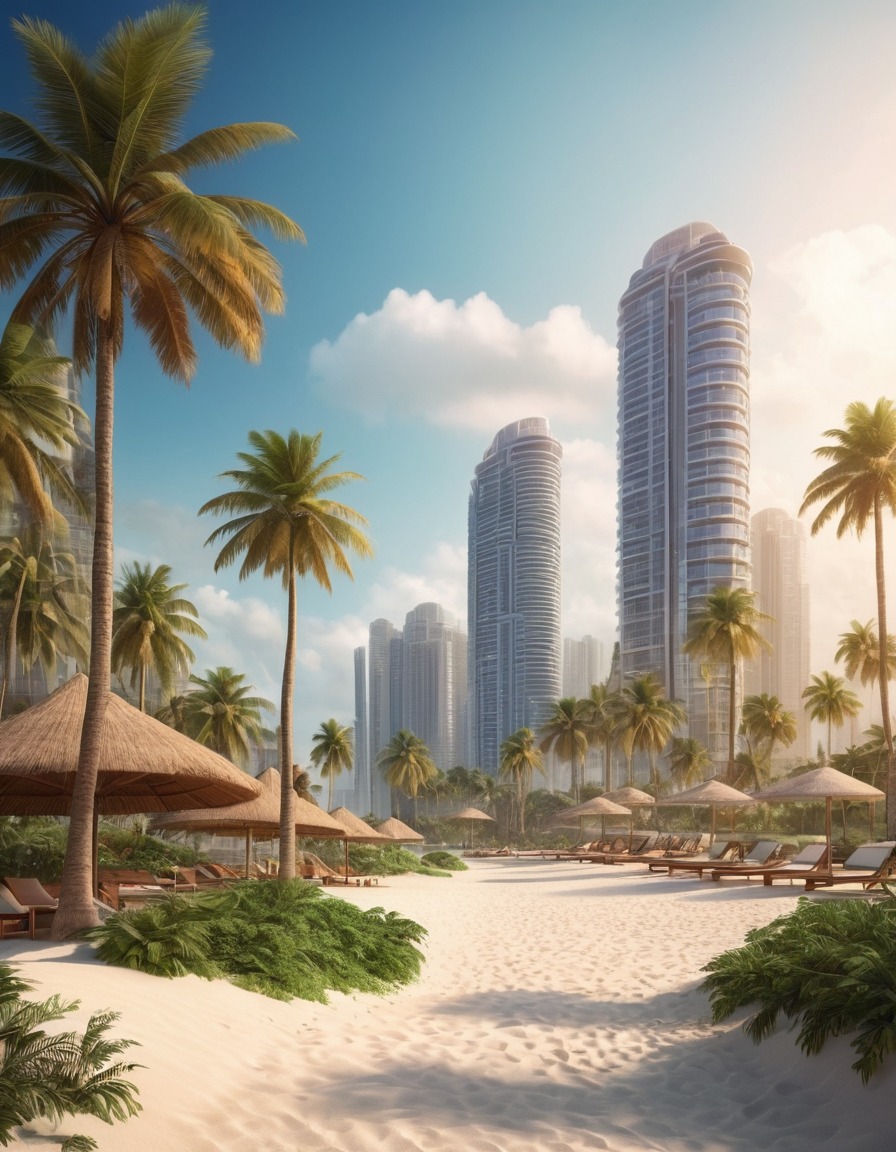 beachfront, high-rise buildings, palm trees, serenity, nature, city