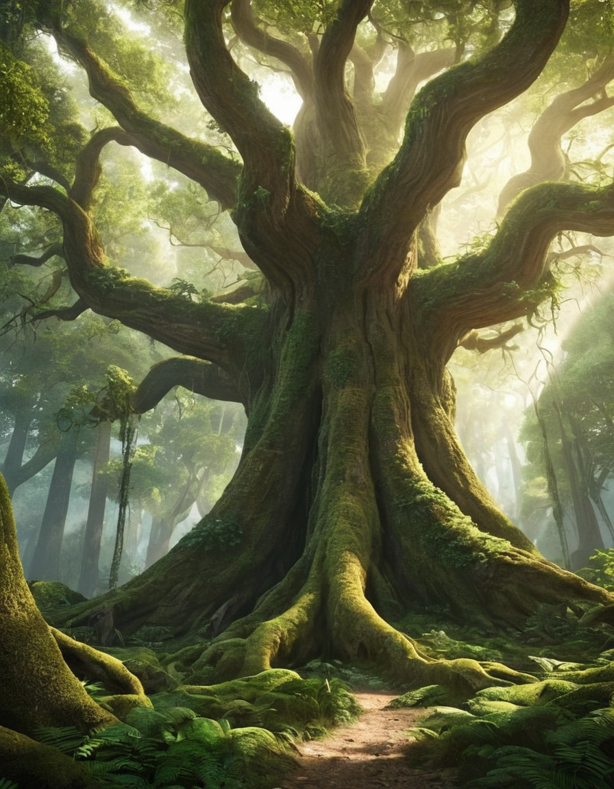 fantasy, ancient civilization, sentient trees, nature, mythical creatures, fantastic