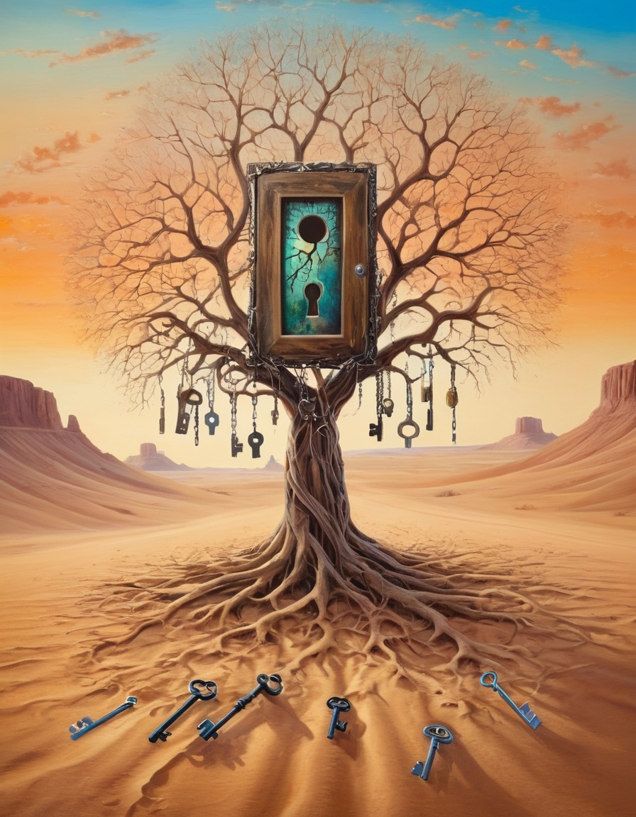 surreal, fantasy, tree, keys, desert