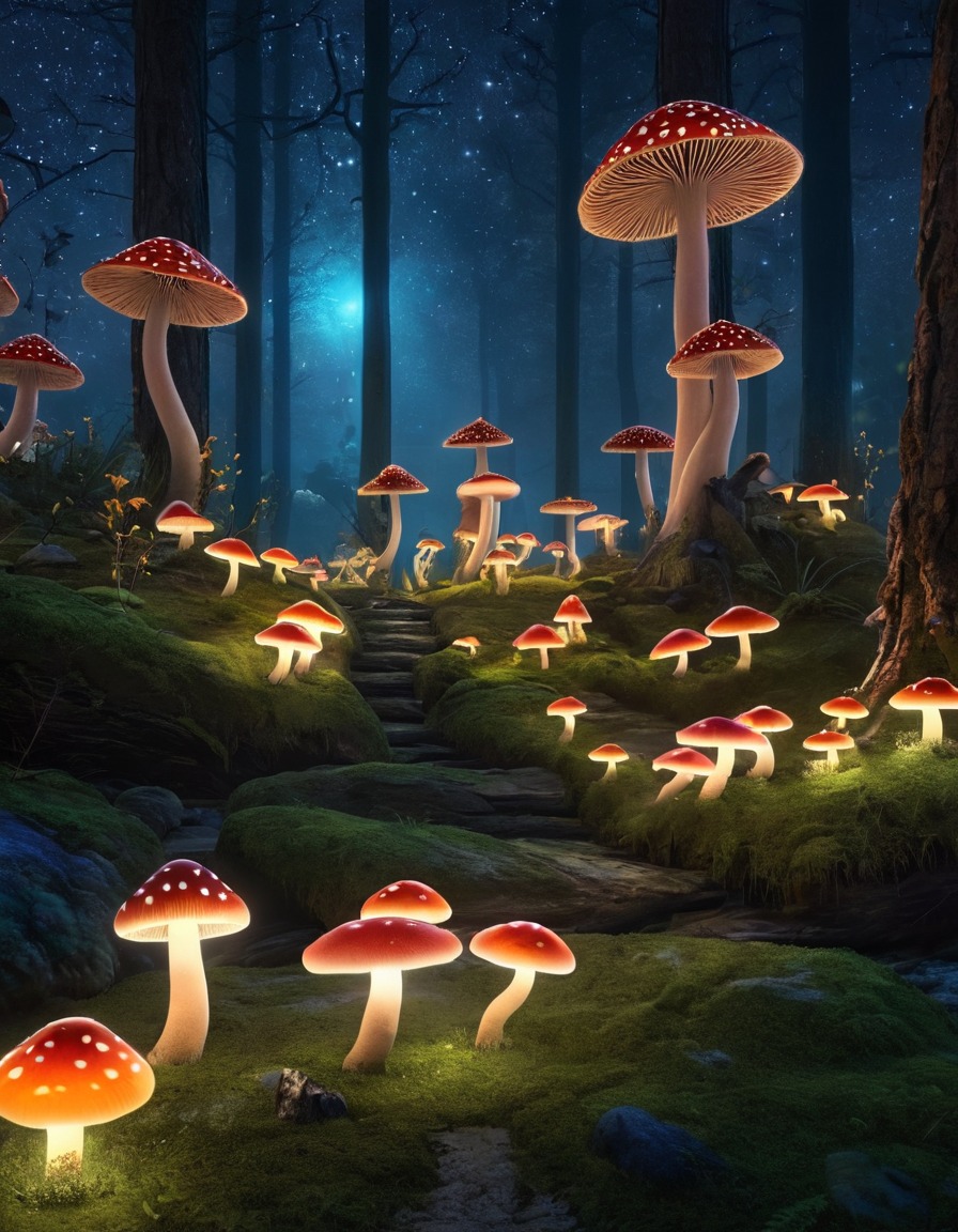 forest, glowing mushrooms, nighttime, stars, fantasy, nature, bioluminescent