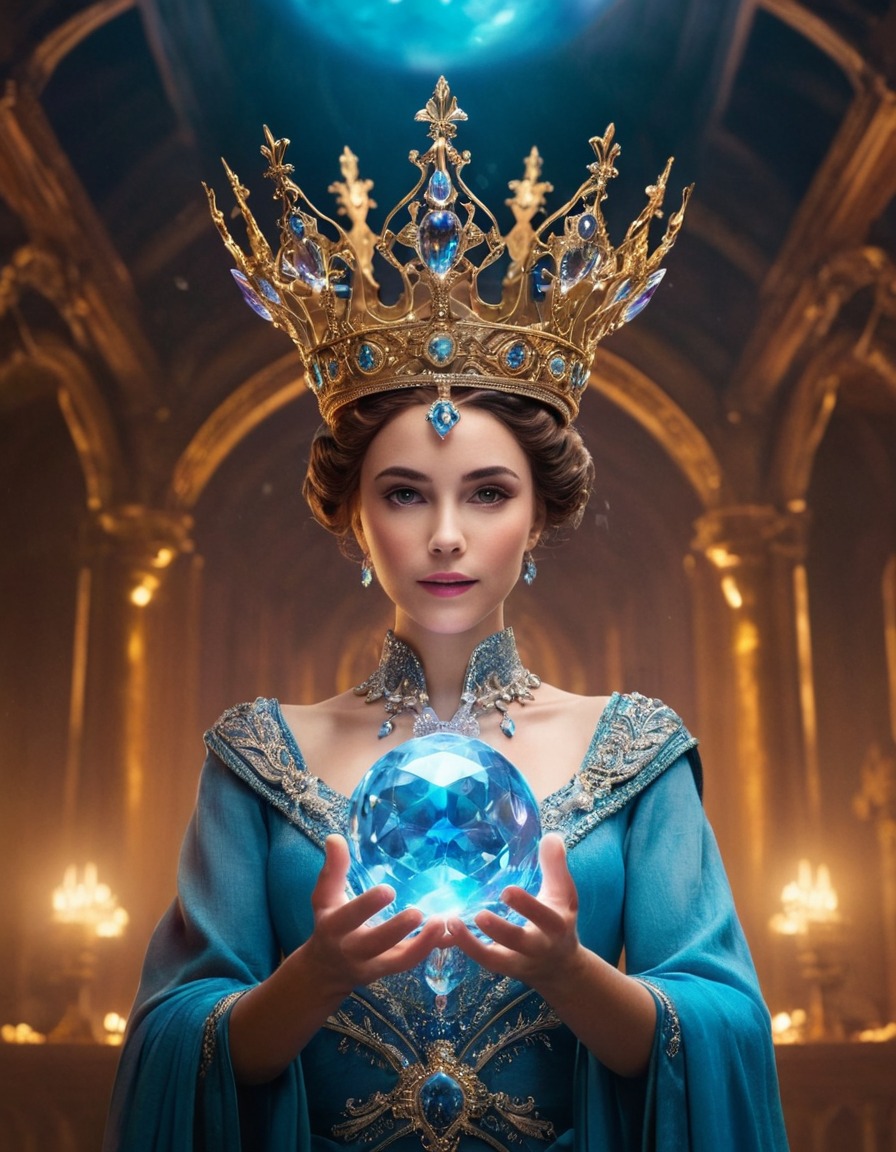 queen, virtual reality, crown, drones, crystal orb, medieval, art