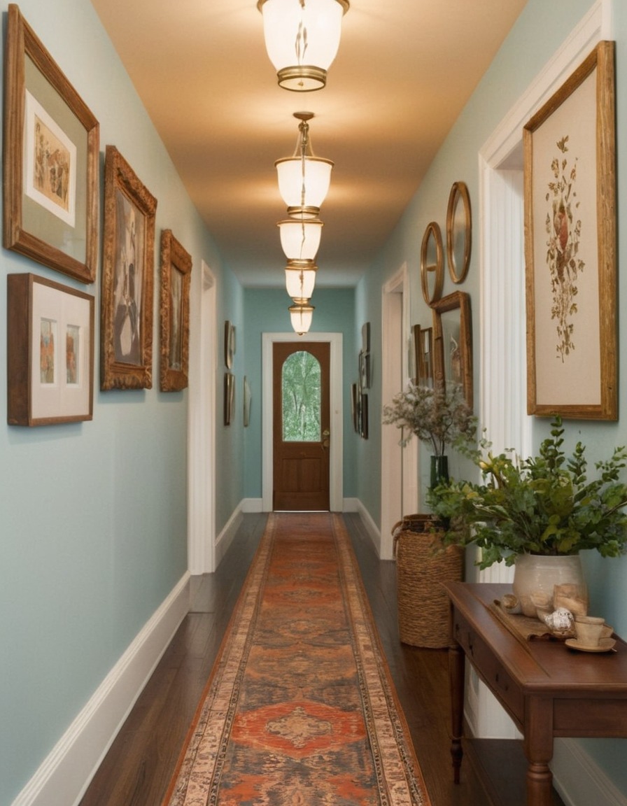 hallway, family photos, vintage artwork, runner rug, home décor, home, interior