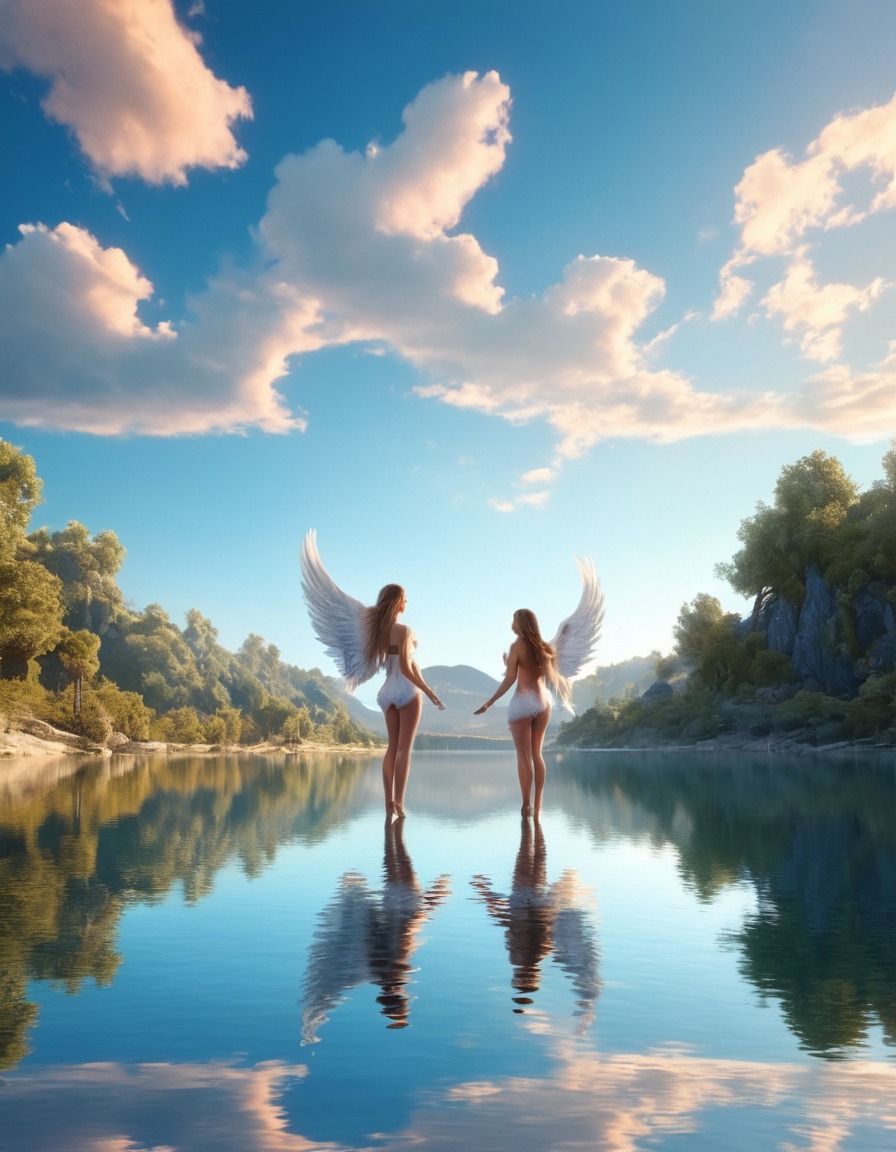 heaven, angels, serene, lake, reflection, beauty, celestial