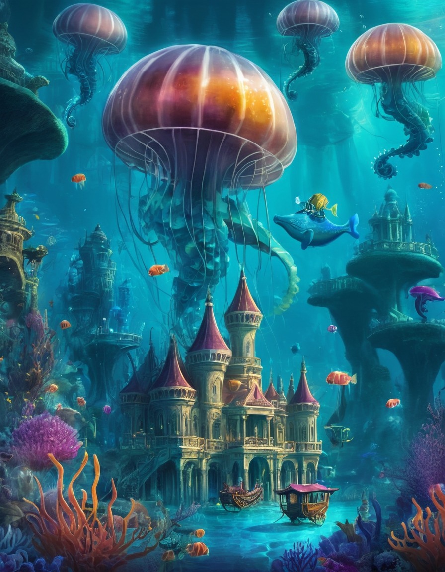 underwater, kingdom, jellyfish, seahorse, carriage, fantastic