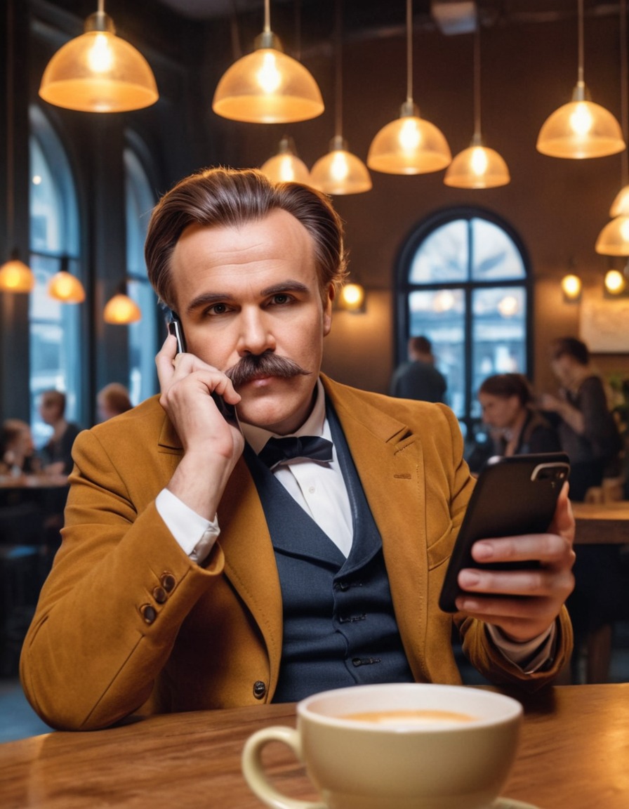 friedrich nietzsche, portrait, smartphone, technology, cafe, philosopher