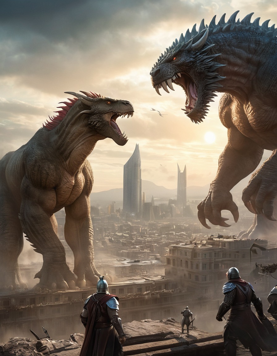 fantasy, creature, battle, cityscape, scale, godzilla, kong