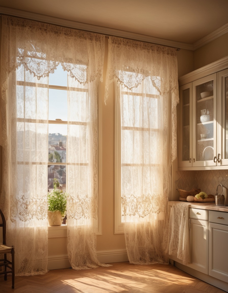 kitchen, sunlight, lace curtains, quaint, home, interior