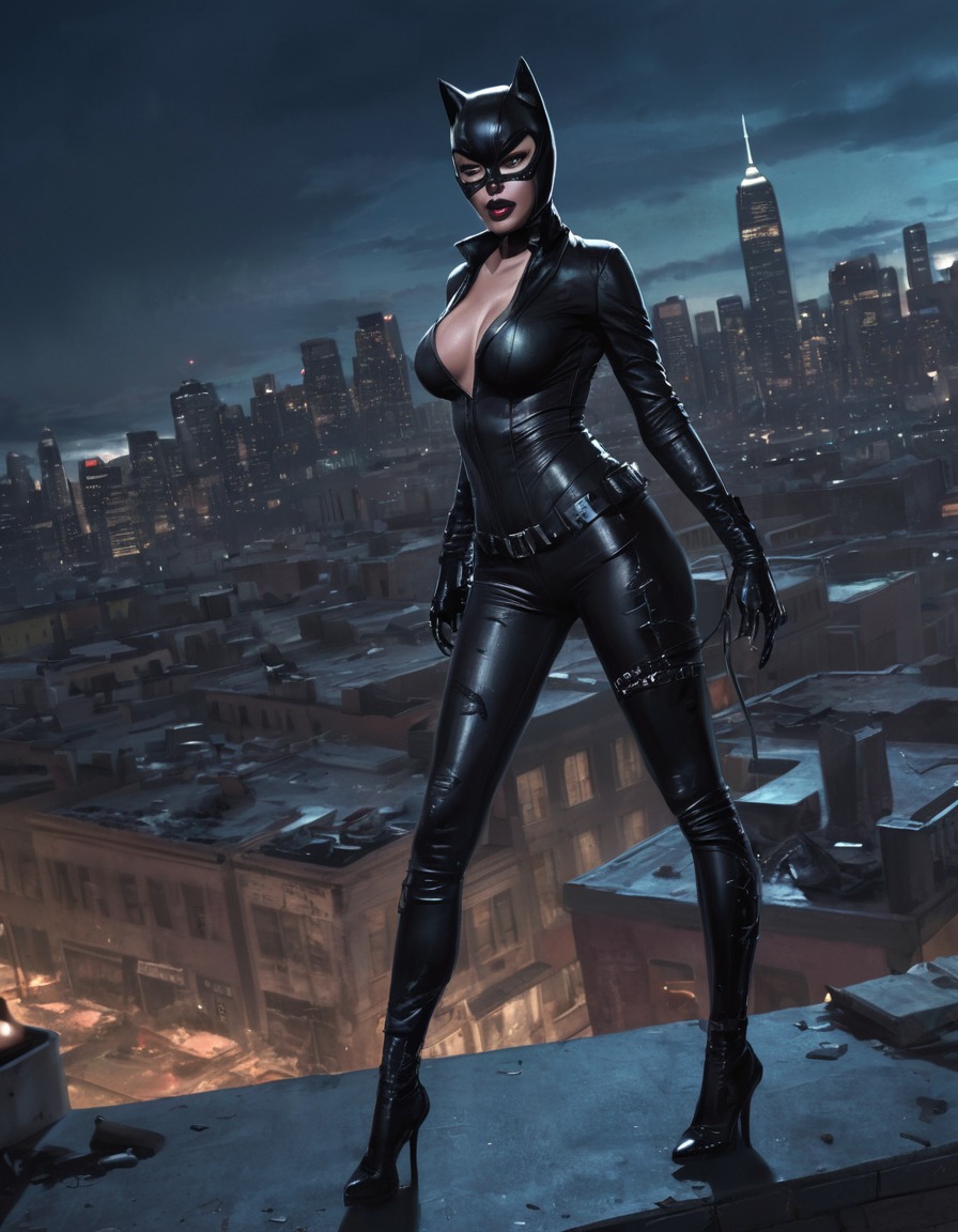 catwoman, superhero, villain, cityscape, night, confrontation