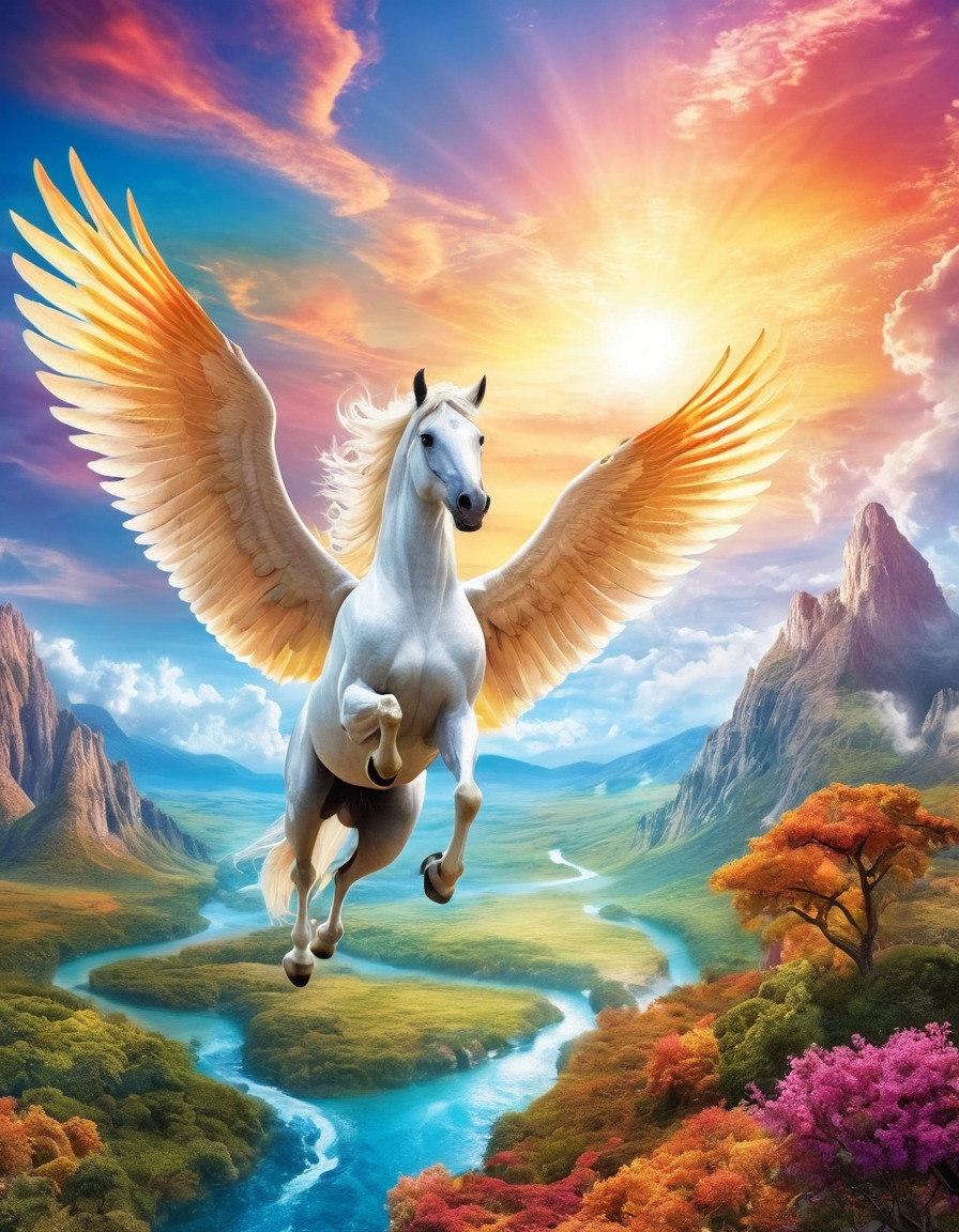 mythical creature, pegasus, mystical, colorful landscape, fantasy, flying horse