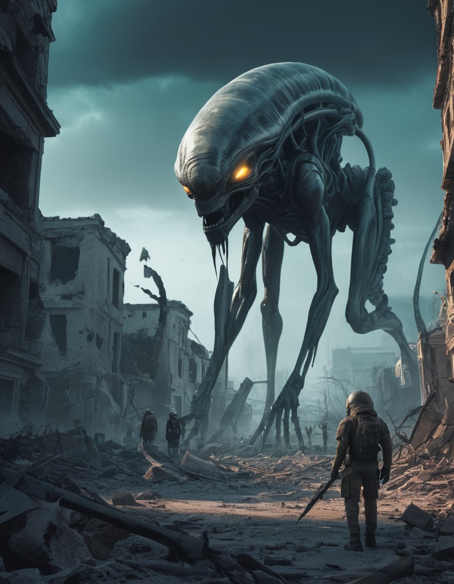 alien, creatures, stalking, ruined city, eerie, aliens, three body problem, trisolaran