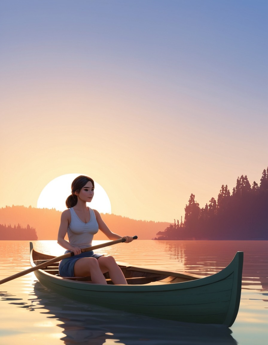 girl, rowing, boat, lake, sunrise