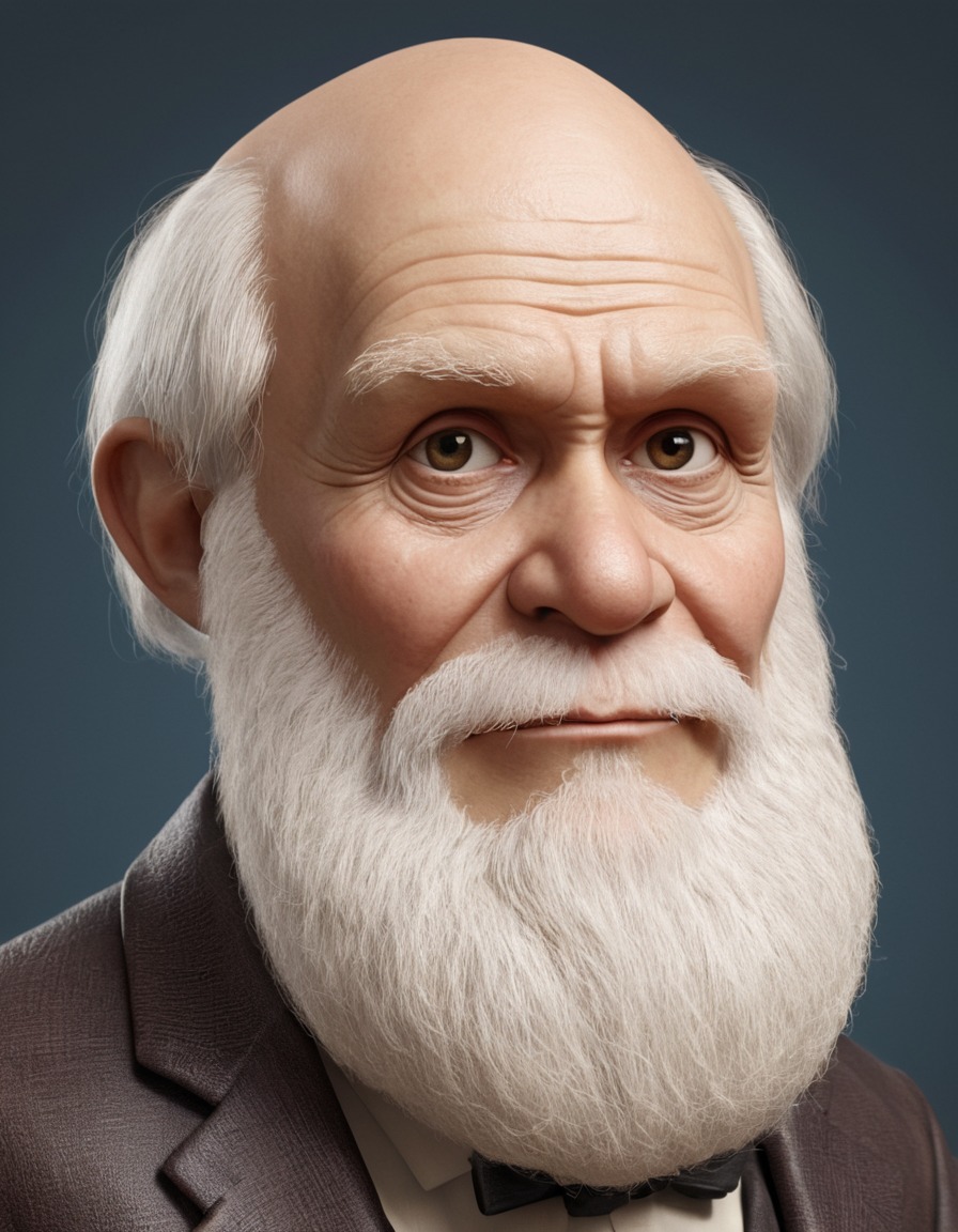 caricature, charles darwin, funny, exaggerated features, playful expression