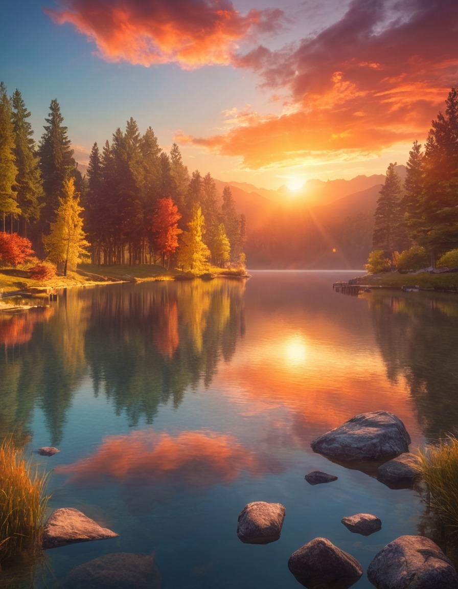 nature, sunrise, lake, tranquility, beauty