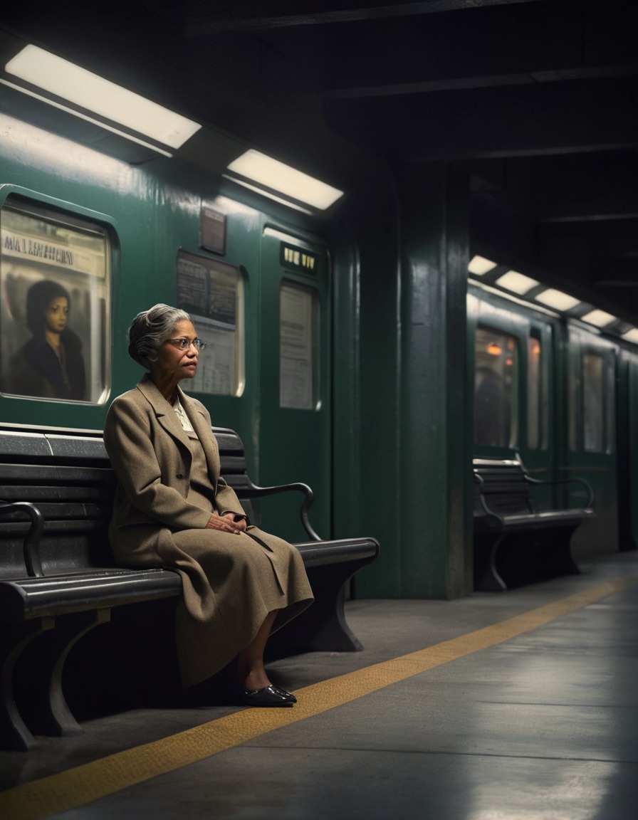 rosa parks, bench, subway station, shadows, columns