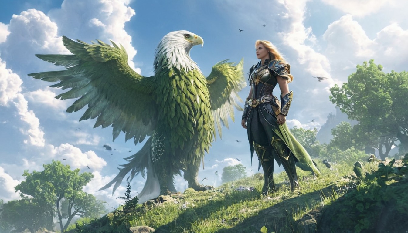 digitalart, warrior, fantasyart, characterdesign, forest, digitalpainting, fantasycharacter, wallpaper, guardian, digitalartwork, dndcharacter, fantasycreature, hippogriff, hybrid, hyrule, landscape, majestic, mythicalcreature, nature, summer, surreal, elffantasy, dnddungeonsanddragons, midjourney, synthography