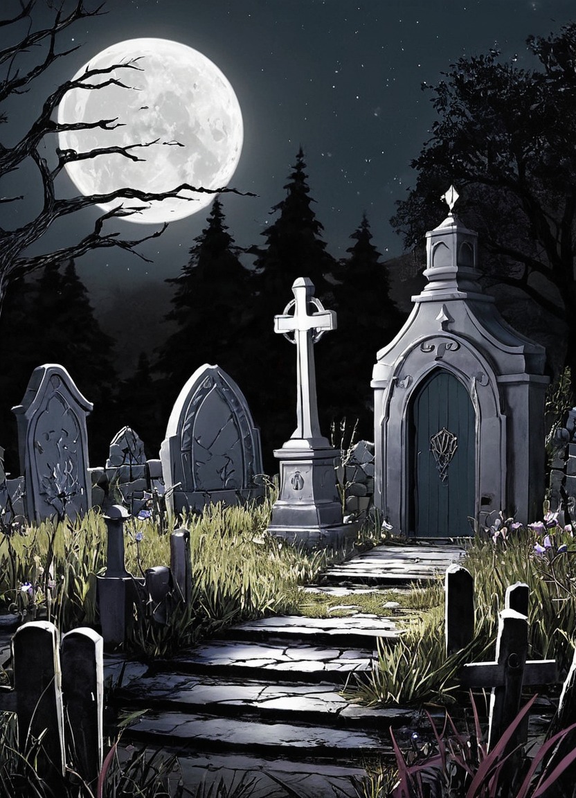 digitalart, horror, gothic, skull, spooky, halloween, undead, cemetery, dreamup, dailydeviation, tombstone, dailychallenge, ai_art