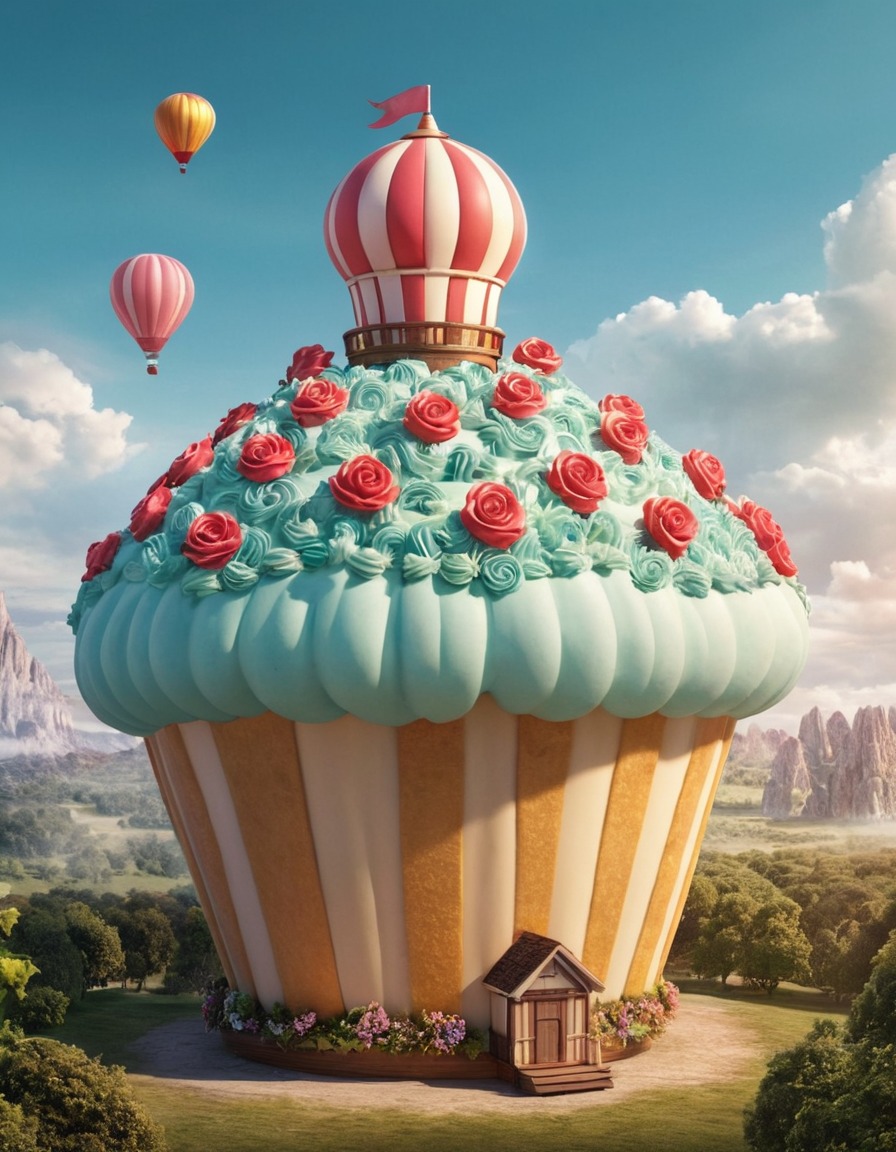 hot air balloon, cupcake, unusual, creative design, aerial art, festive, quirky