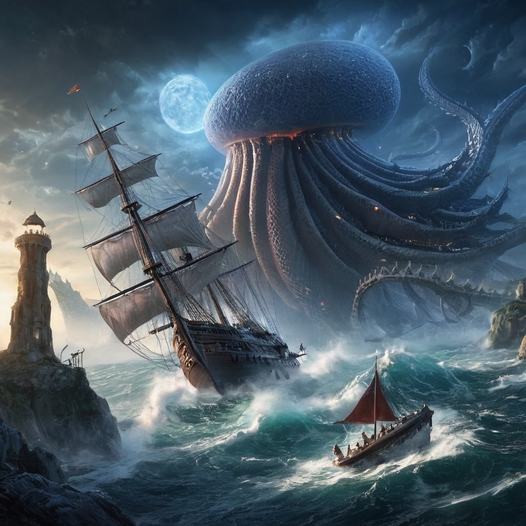 fantasyart, horror, sea, creature, squid