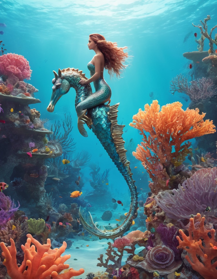 fantasy, underwater, mermaid, seahorse, coral reef