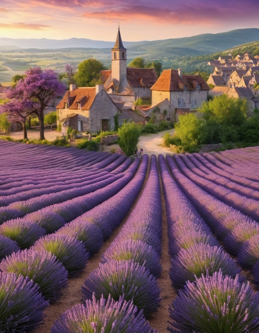 lavender field, village, countryside, nature, rural life