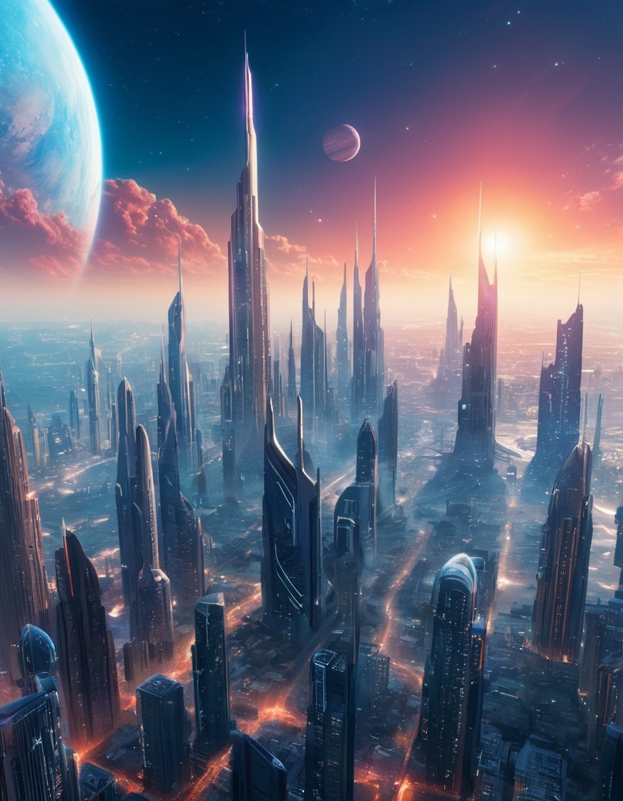 futuristic, cityscape, skyscrapers, distant planet, space scene