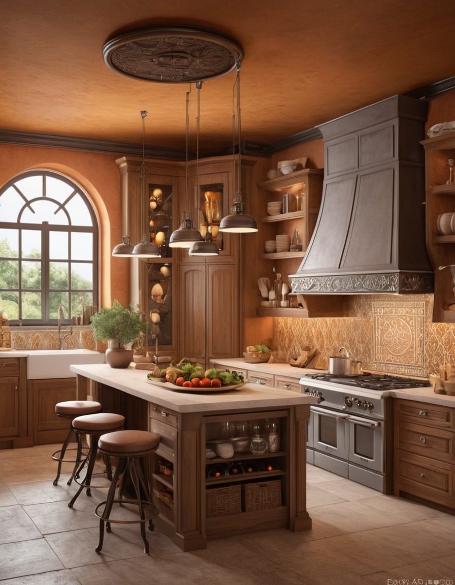 modern kitchen, high-tech appliances, gadgets, medieval manuscript, illustration technique, medieval, art