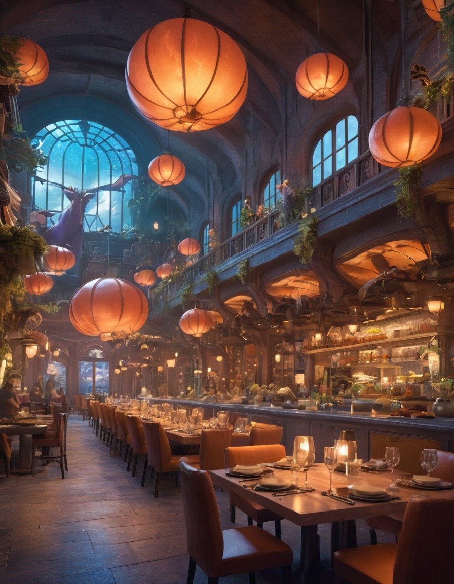 fantasy, restaurant, fictional creatures, city, imaginary, magical, dining experience