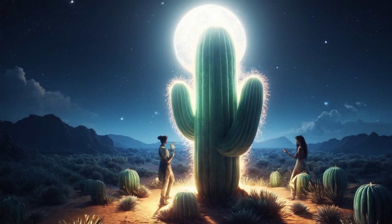 cactus, flowers, night, nightfall