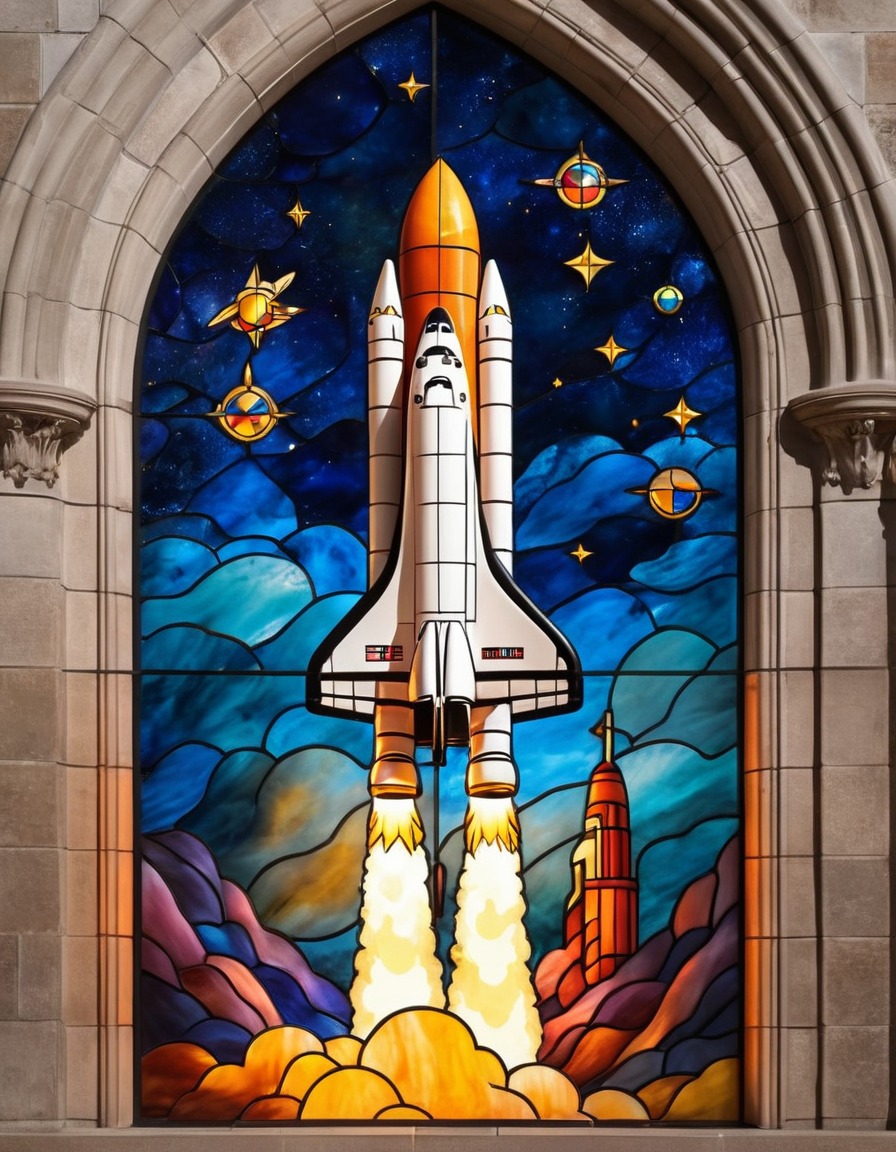 stained glass, medieval style, space shuttle, cosmos, space exploration, spacecraft, rocket launch, medieval, art