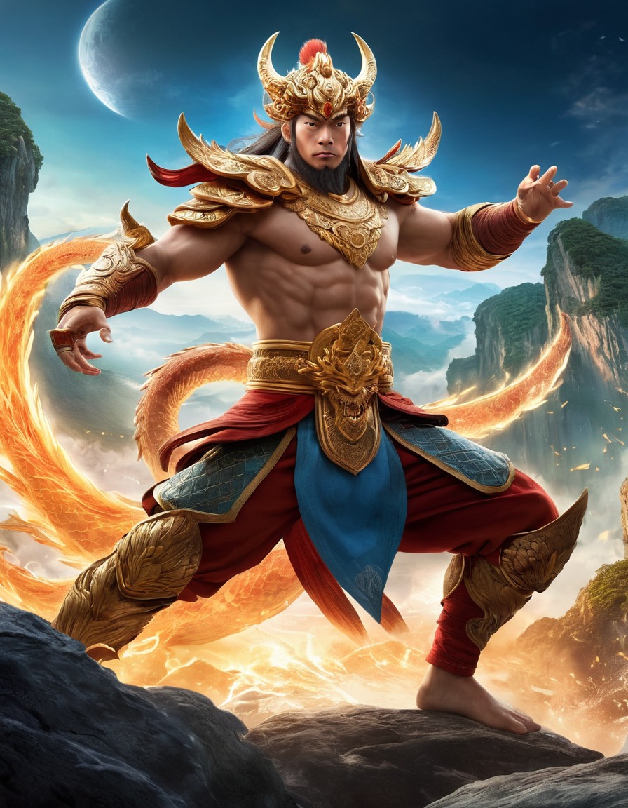 wukong, chinese mythology, epic battle, celestial dragons, celestial landscape