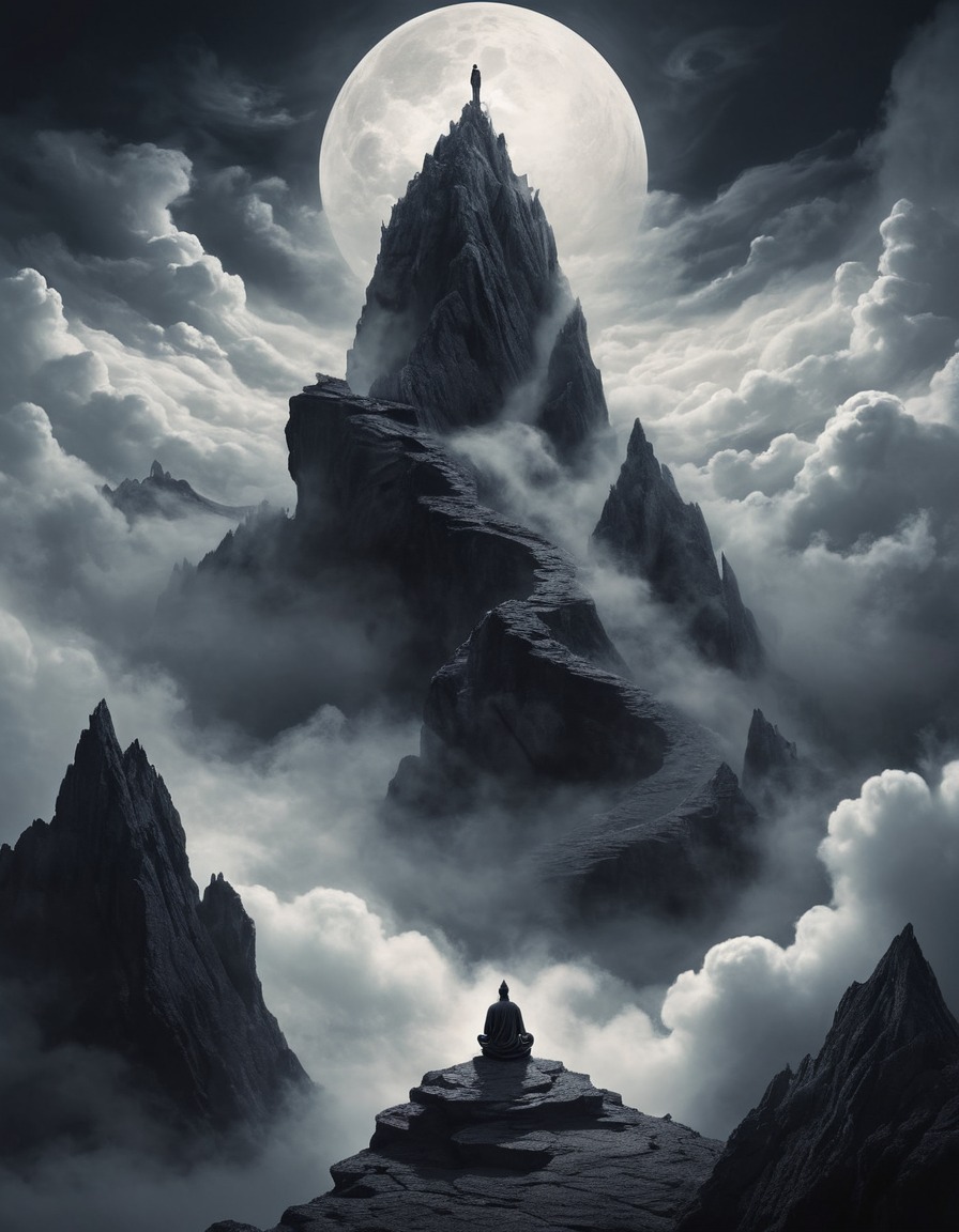 meditation, mountain peak, swirling clouds, solitude, mystical experience, spirituality