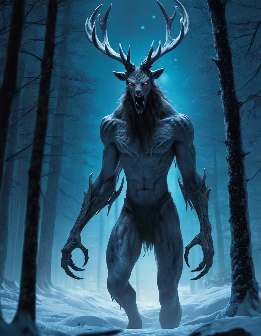 wendigo, snowy forest, moonlit, horror, supernatural