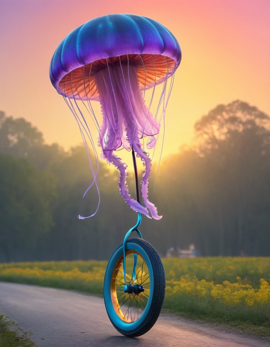 jellyfish, unicycle, strange, aquatic creature, bizarre, circus act, unique