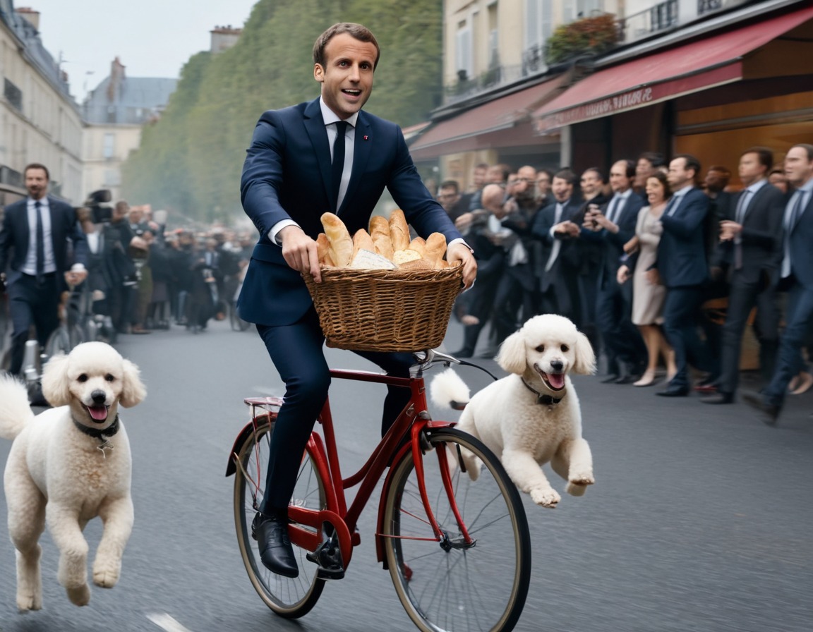 emmanuel macron, bicycle, baguettes, cheese, french poodles, france