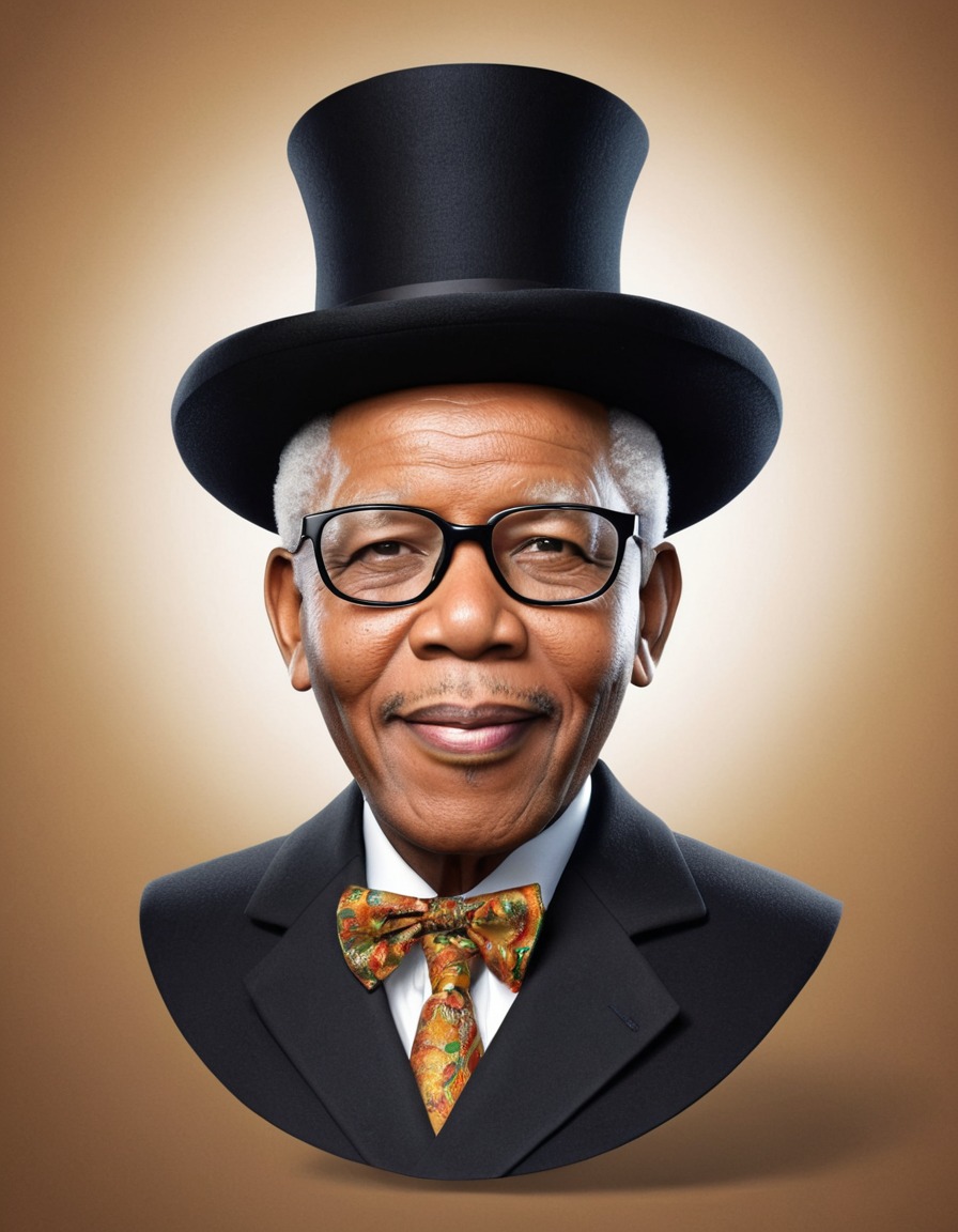 caricature, nelson mandela, oversized glasses, giant top hat, funny