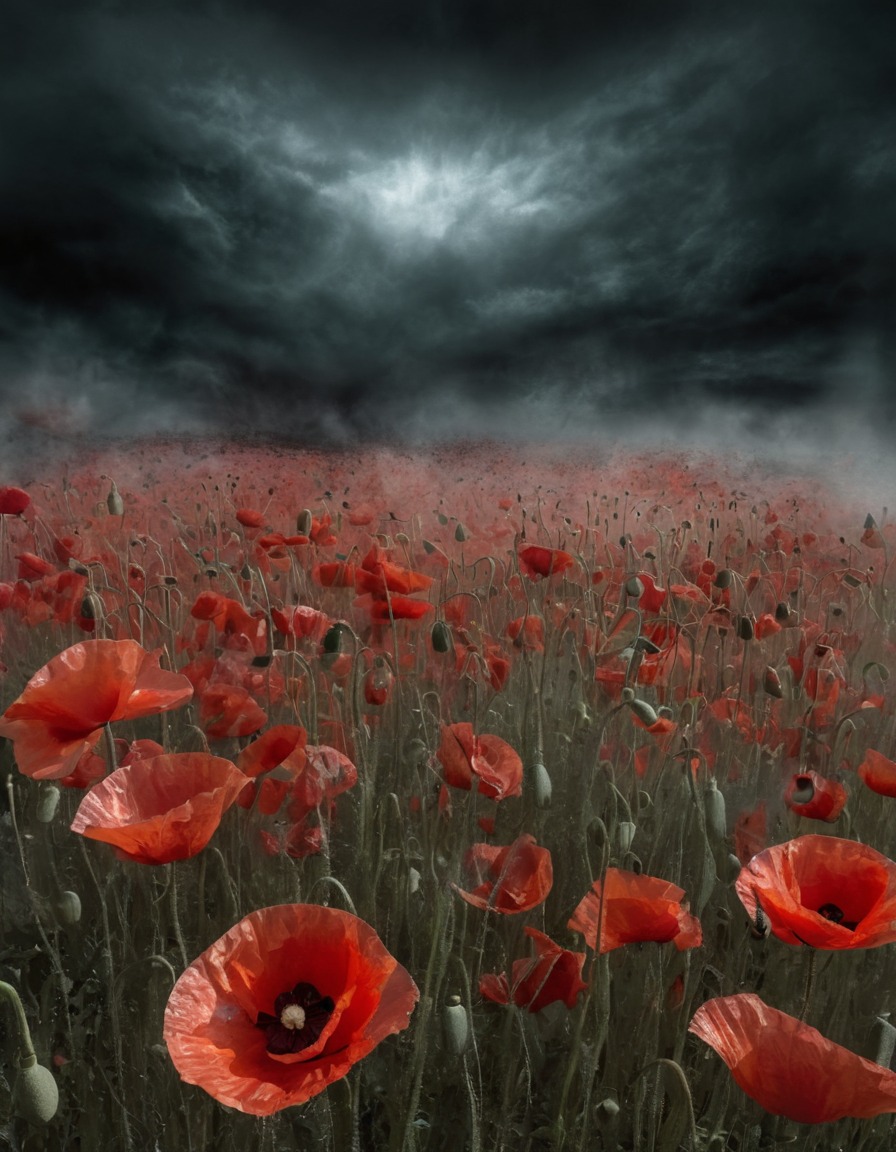 field of poppies, dreamlike, mystical, vapors, nature, fantasy, enchantment