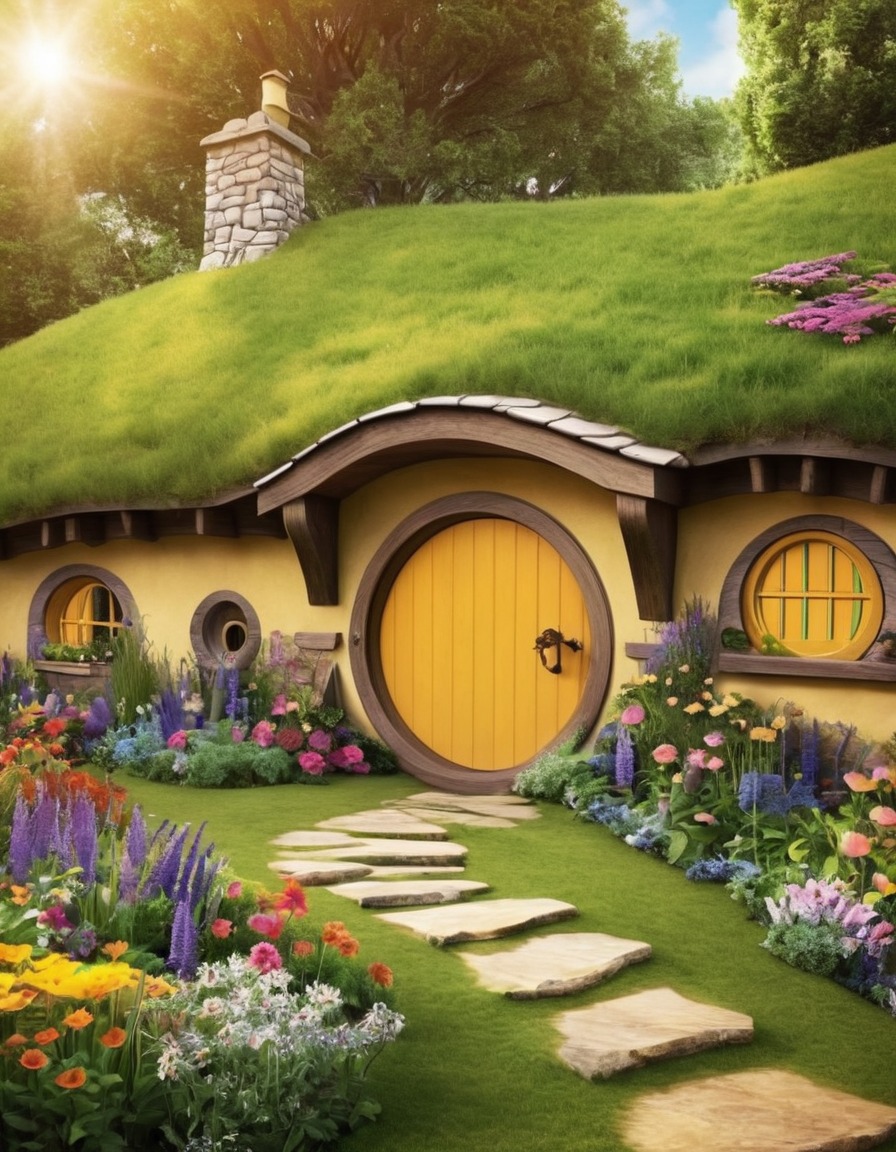 hobbit hole, shire, round door, colorful garden, john tolkien, tolkien