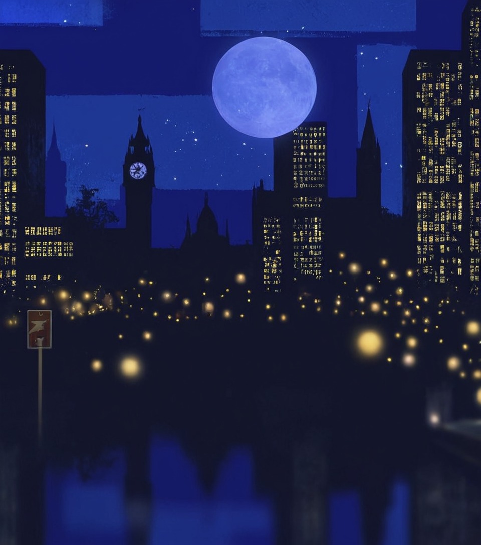 cityscape, digitalart, digitalpainting, architecture, architectureart, bigben, buildings, citylights, contemporary, housesofparliament, lightandshadow, lightandshadows, london, londoncalling, modern, moonlight, nightscene, semiabstract, shadesofblue, silhouettes, stpaul, traffic, trafficlights, londonnight, midnightsparkle