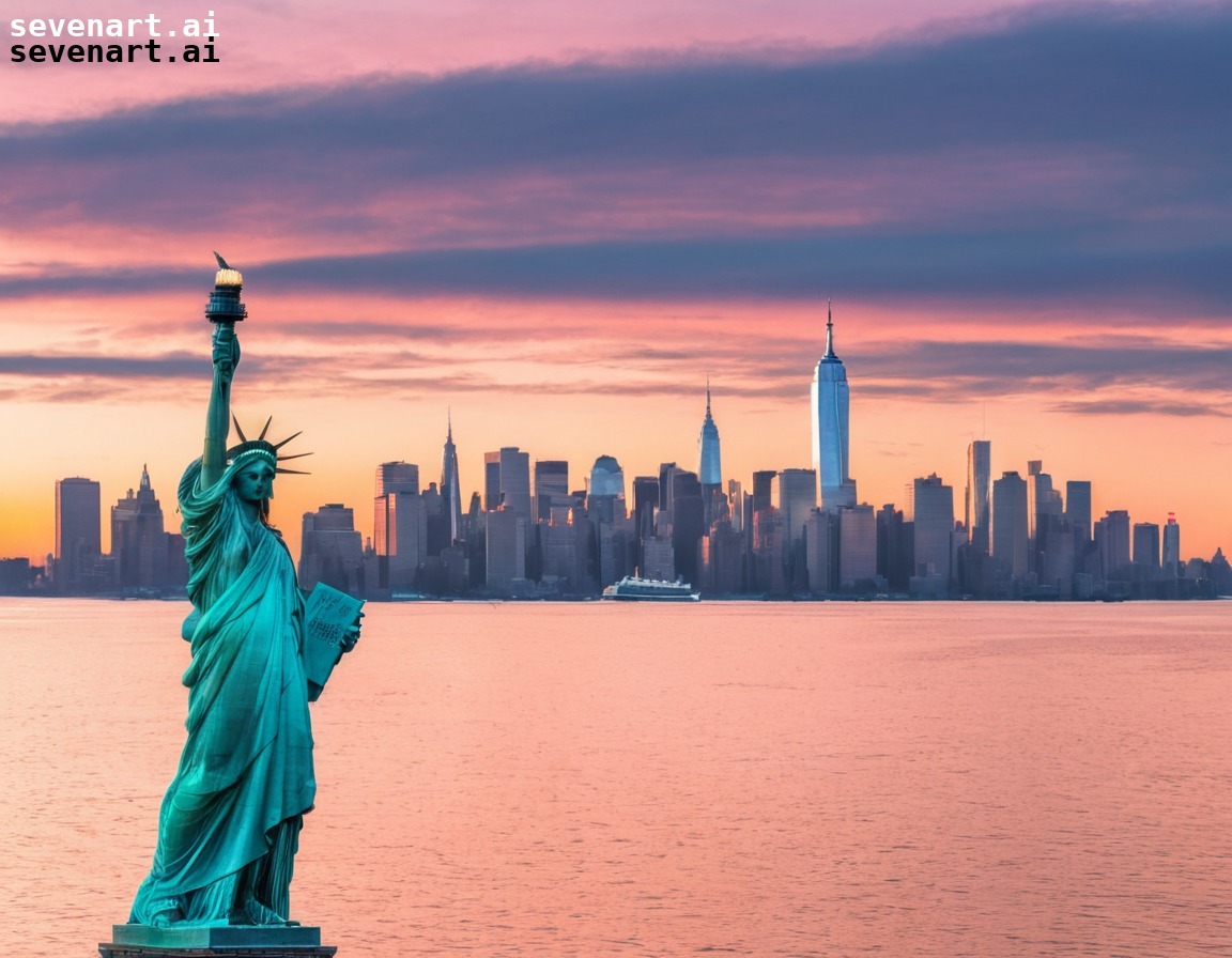 cityscape, skyline, new york city, dawn, statue of liberty, usa