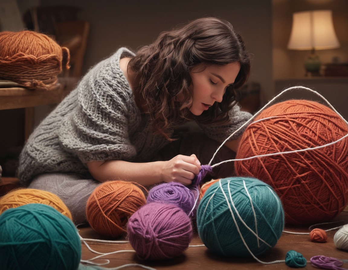 yarn, knitting, humor, clumsiness, frustration, fun, people