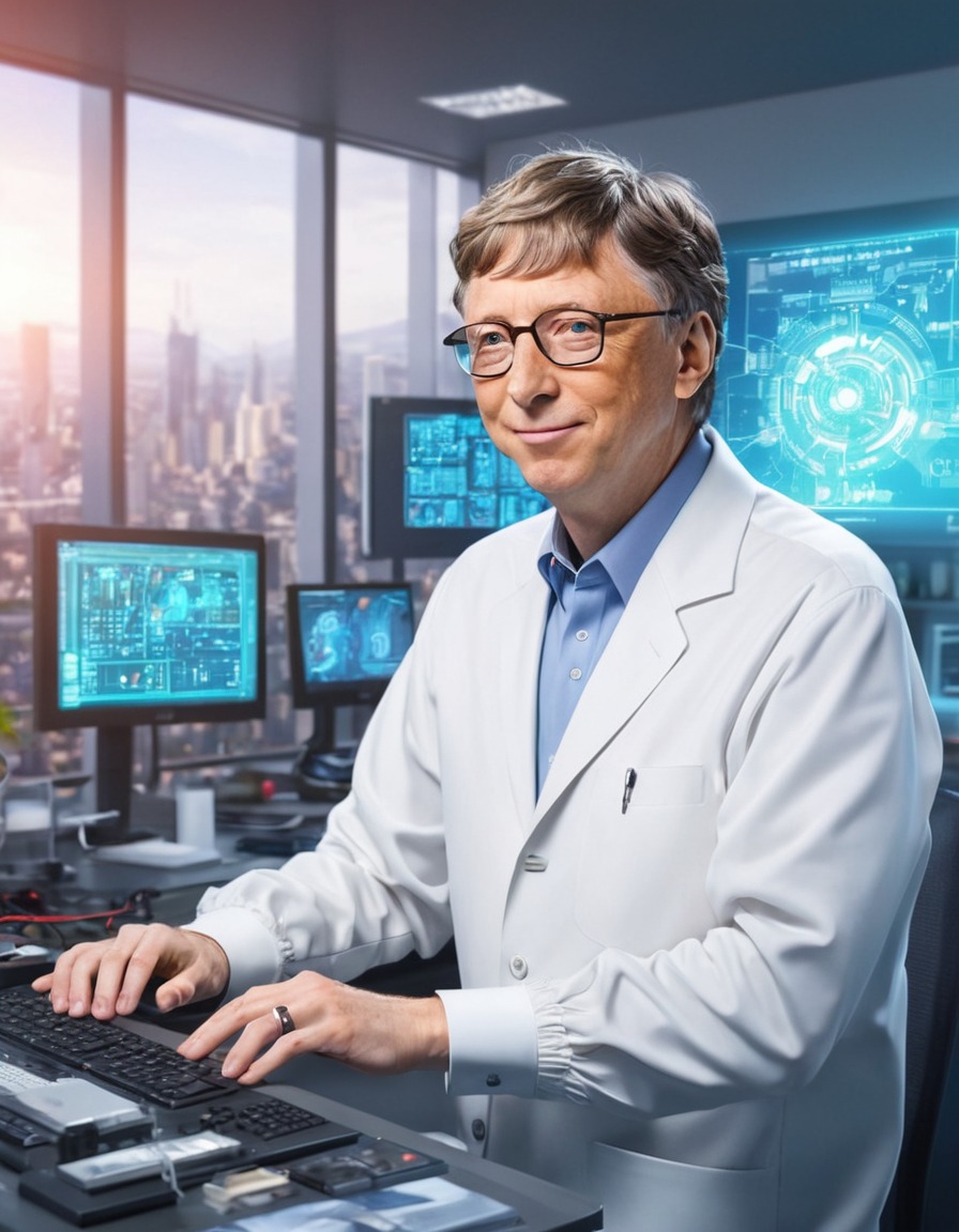 bill gates, anime, futuristic technology, high-tech laboratory